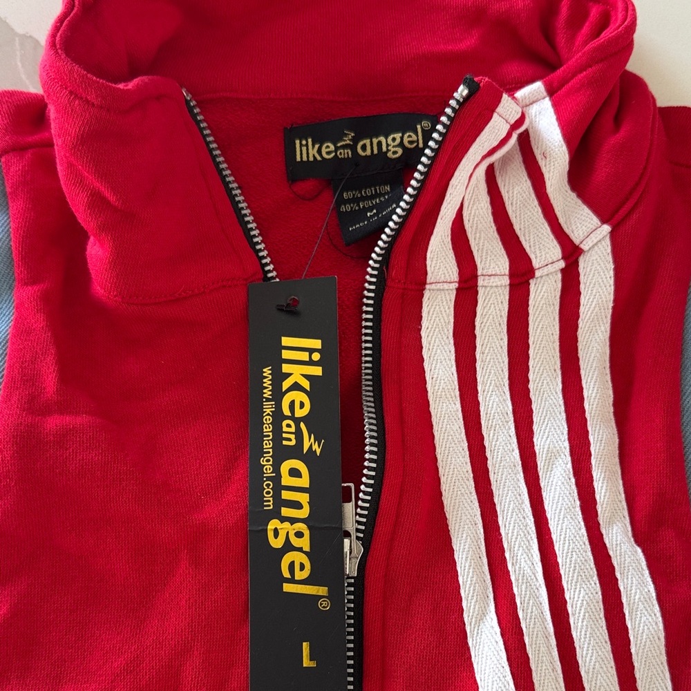 like an angel Red Zip-Front Cropped Vest with White Stripes - Picture 2 of 4